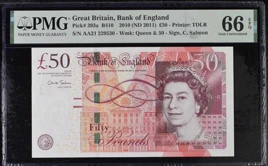 GREAT BRITAIN 50 Pounds 2010 P 393a First Prefix AA UNC PMG 66 EPQ