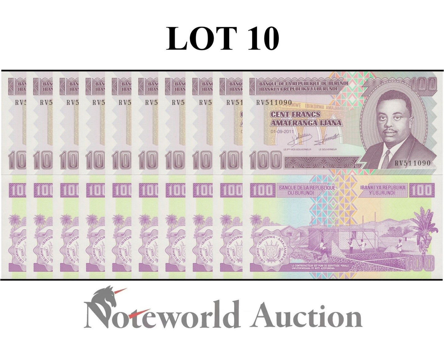 BURUNDI Lot 10 pcs 1/10 Bundle - 100 Amafranga 2011 P 44b UNC