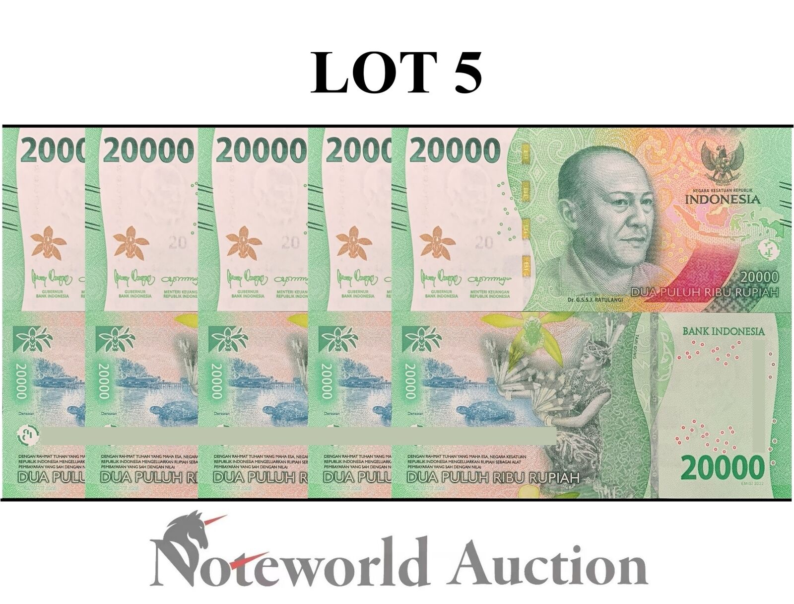 INDONESIA Lot 5 pcs 1/20 Bundle - 20000 Rupiah 2022/2023 P 166 UNC