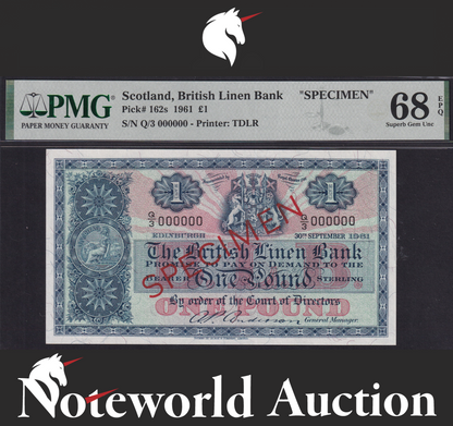 Scotland British Linen Bank £1 1961 P 162s SPECIMEN UNC PMG 68 EPQ TOP POP