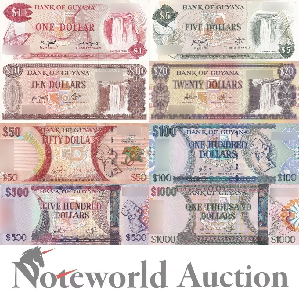 GUYANA Set 8 pcs - 1 5 10 20 50 100 500 1000 Dollars 1966-2016 P 21-41 UNC