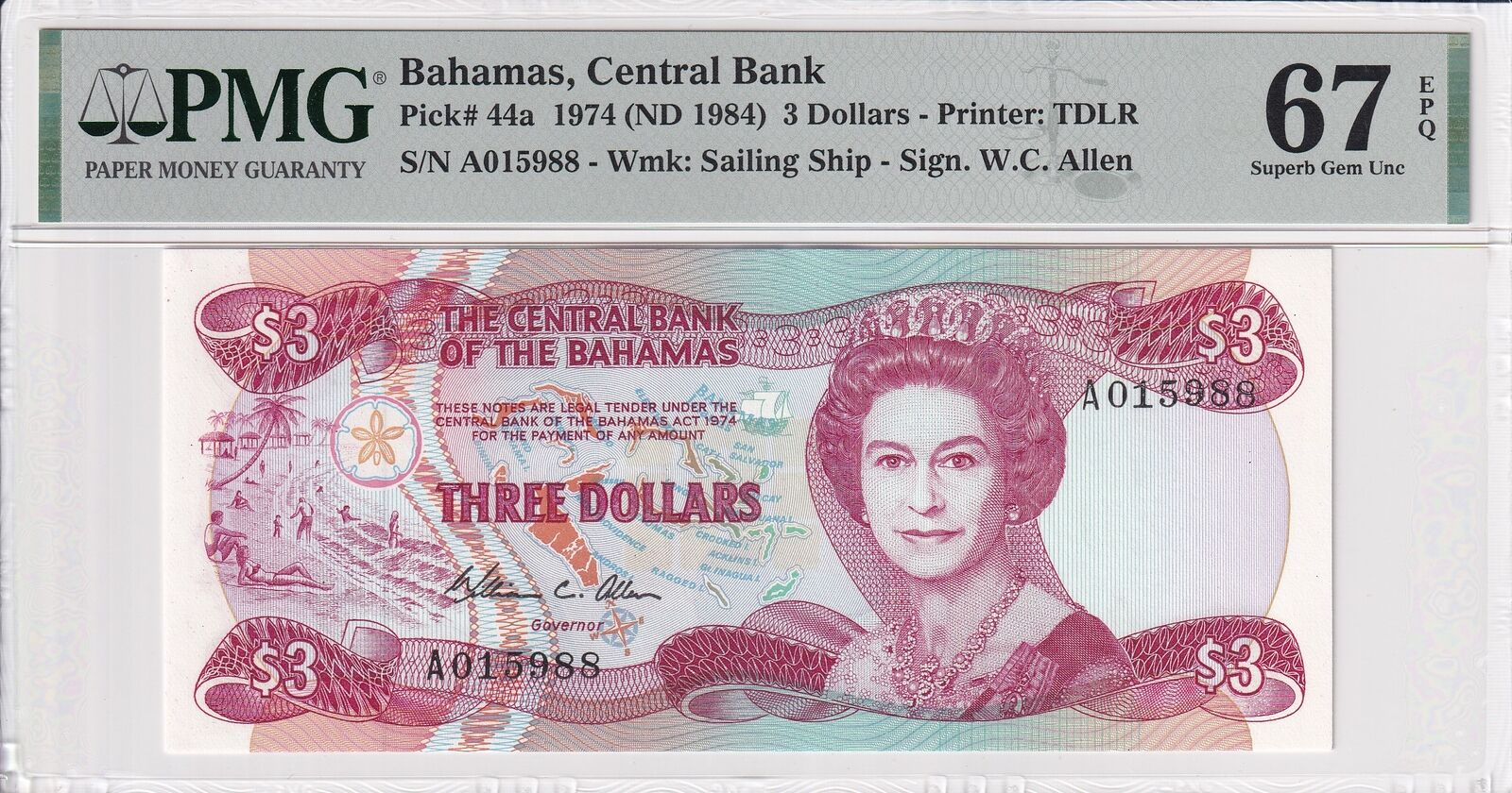 BAHAMAS 3 Dollars (1974)1984 P 44a UNC PMG 67 EPQ