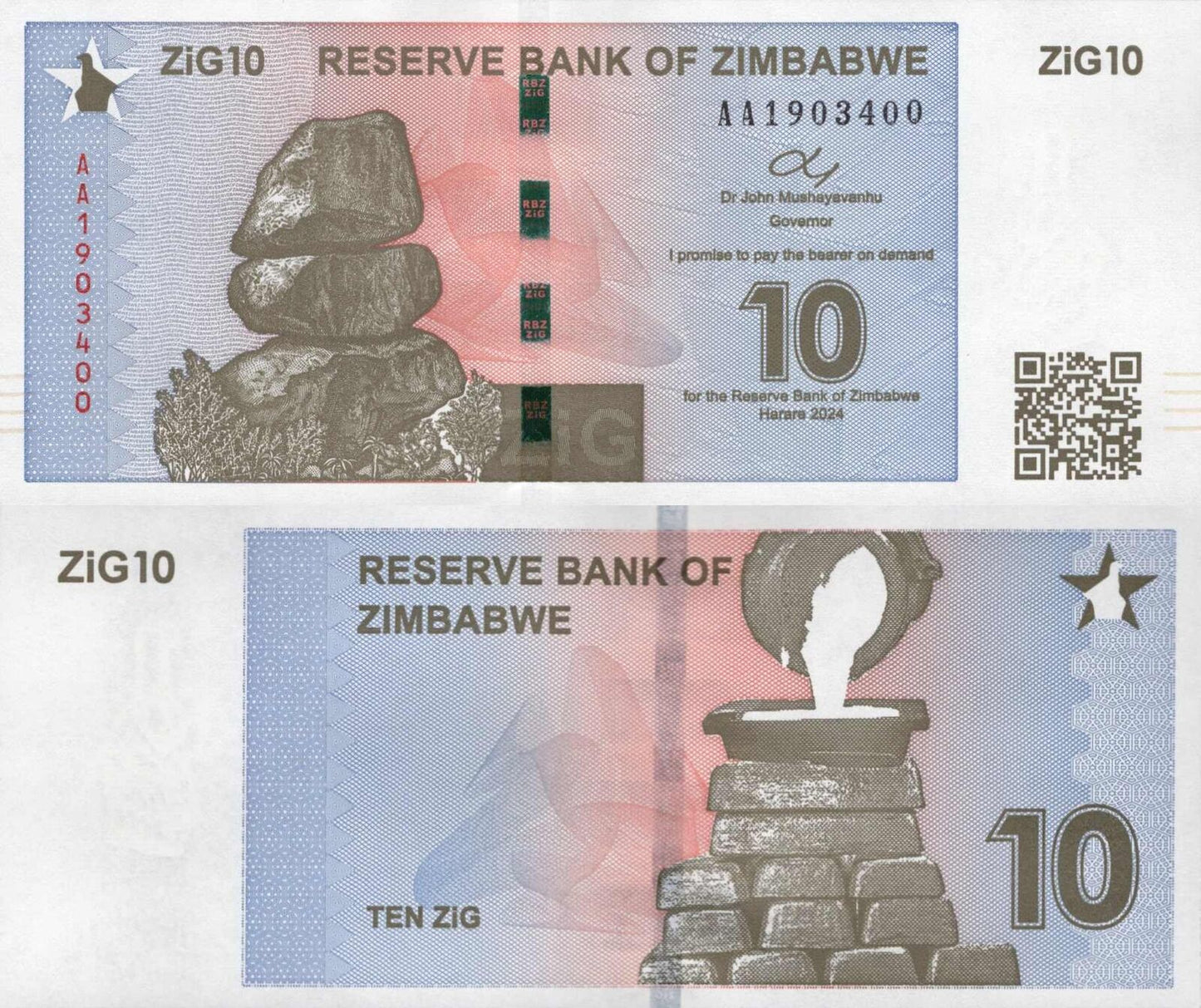 ZIMBABWE 10 Zig 2024 P 110 First Prefix AA UNC