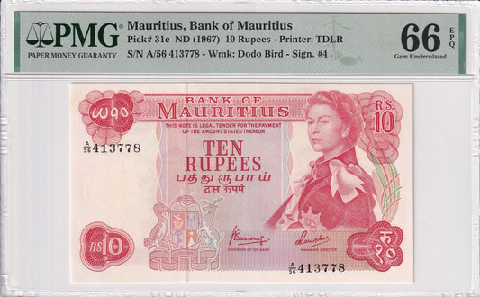 MAURITIUS 10 Rupees 1967 P 31c UNC PMG 66 EPQ