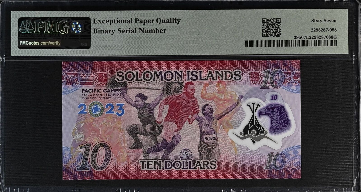 SOLOMON ISLANDS COMM. 10 2023 P 39a Fancy Binary NO.001101 Polymer PMG 67 EPQ