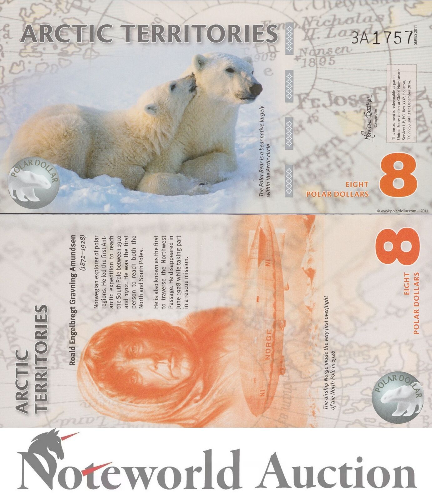 ARCTIC TERRITORIES TEST NOTE - 8 Dollars 2011 Polymer Polar Bear Series 3A UNC