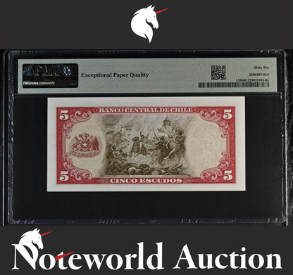 Chile Banco Central 5 Escudos ND (1964) P 138 UNC PMG 66 EPQ 3rd TOP POP