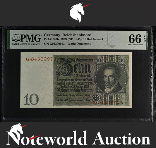 Germany Reichsbanknote 10  1929 (ND 1945) P 180b UNC PMG 66 EPQ 3rd TOP POP