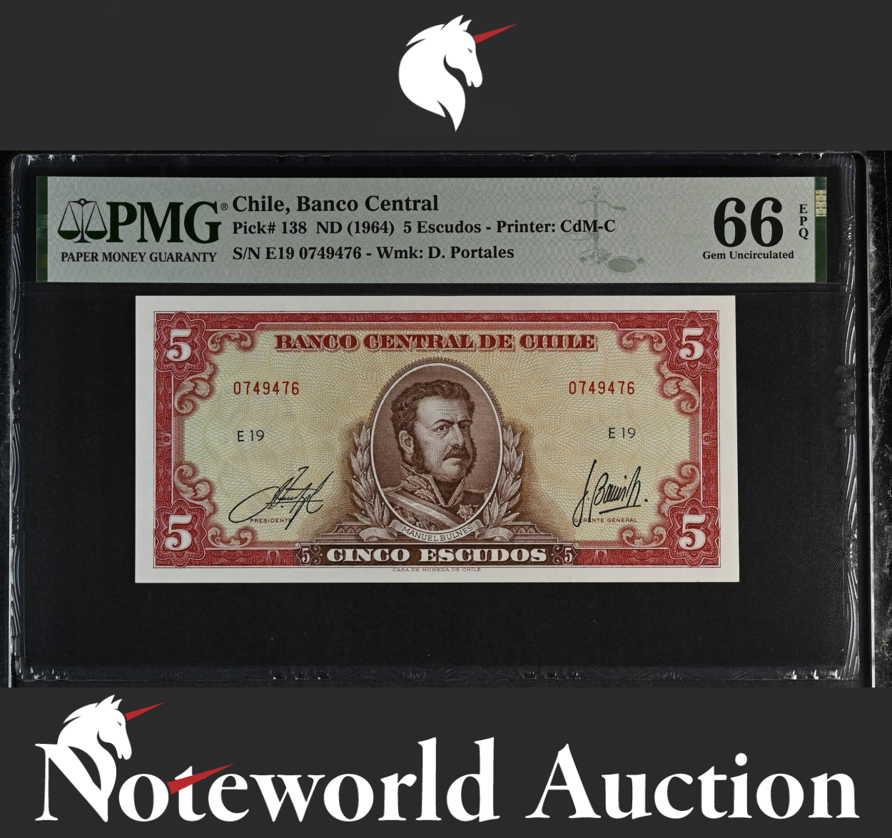 Chile Banco Central 5 Escudos ND (1964) P 138 UNC PMG 66 EPQ 3rd TOP POP