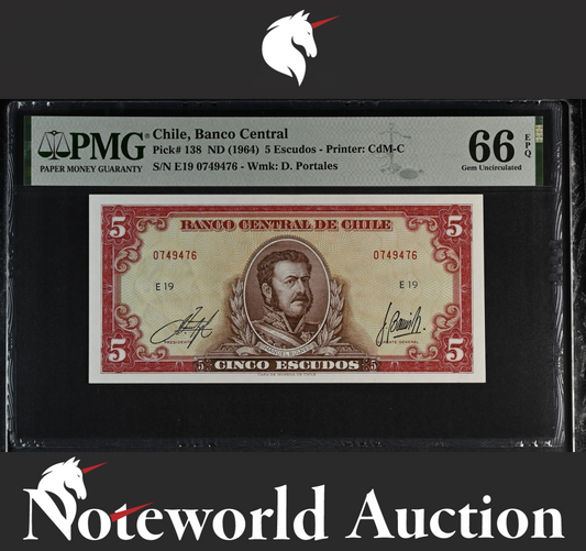Chile Banco Central 5 Escudos ND (1964) P 138 UNC PMG 66 EPQ 3rd TOP POP