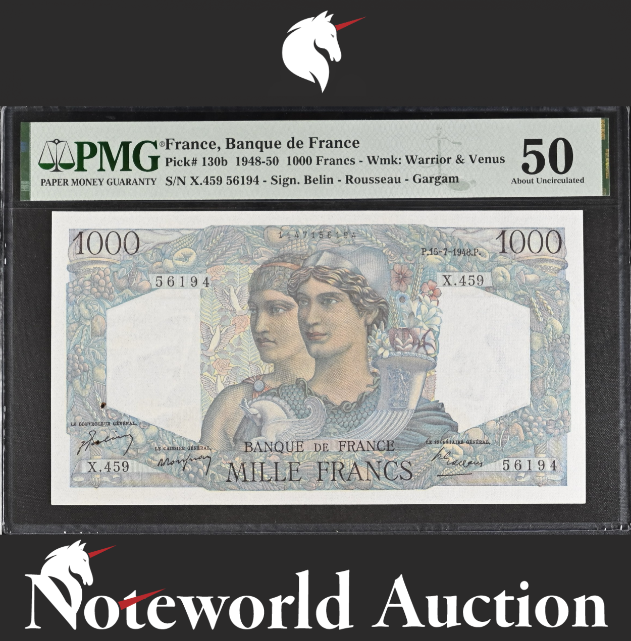 France Banque de France 1000 Francs 1948-50 P 130b Minor Rust AU PMG 50
