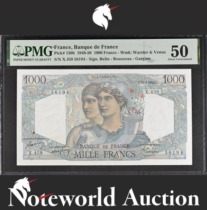 France Banque de France 1000 Francs 1948-50 P 130b Minor Rust AU PMG 50