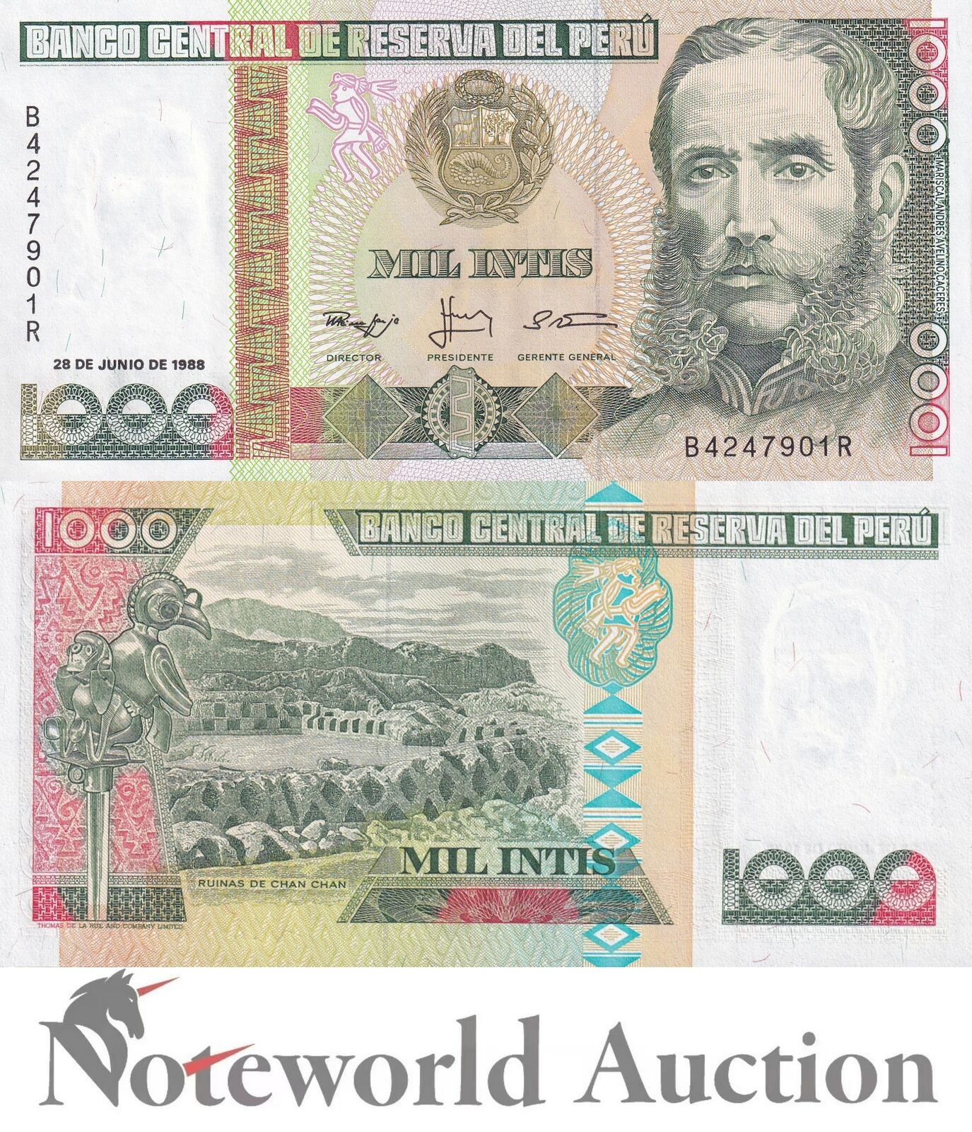 PERU Lot 100 pcs Bundle - 1000 Intis 1988 P 136b UNC