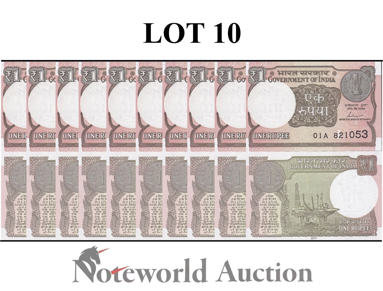 INDIA Lot 10 pcs 1/10 Bundle - 1 Rupee 2017 P 117c UNC