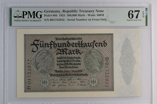 GERMANY TREASURY 500000 1923 P 88b S/N on Front Only 2nd Top POP UNC PMG 67 EPQ