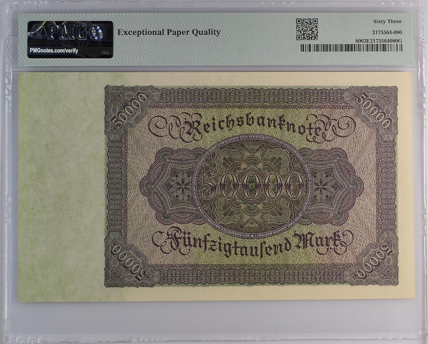 GERMANY REPUBLIC TREASURY 50000 Mark 1922 P 80 UNC PMG 63 EPQ