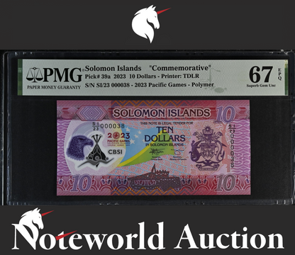 Solomon Islands COMM. 10 Dollars 2023 P 39a Polymer LOW S/N 38 UNC PMG 67 EPQ