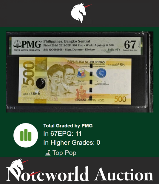 Philippines 500 Piso 2020 P 210d Fancy SOLID 6 - 666666 UNC PMG 67 EPQ TOP POP