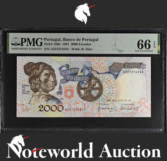 Portugal Banco de Portugal 2000 Escudos 1991 P 186b UNC PMG 66 EPQ 3rd TOP POP