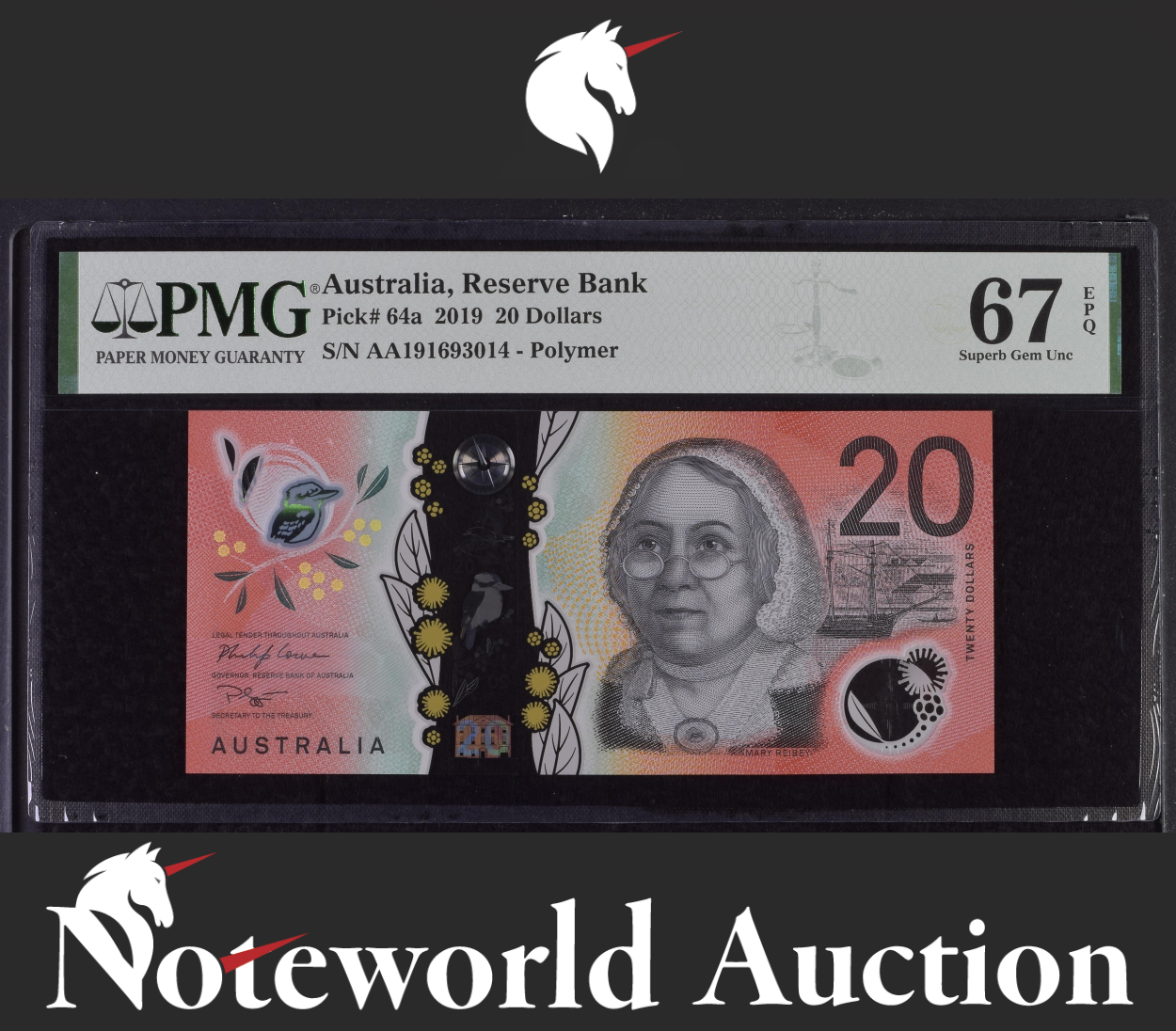 Australia Reserve Bank 20 Dollars 2019 P 64a Polymer Prefix AA UNC PMG 67 EPQ
