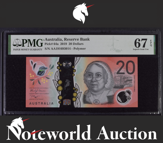 Australia Reserve Bank 20 Dollars 2019 P 64a Polymer Prefix AA UNC PMG 67 EPQ