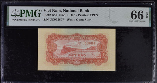 VIET NAM VIETNAM 1 Hao 1958 P 68a UNC PMG 66 EPQ