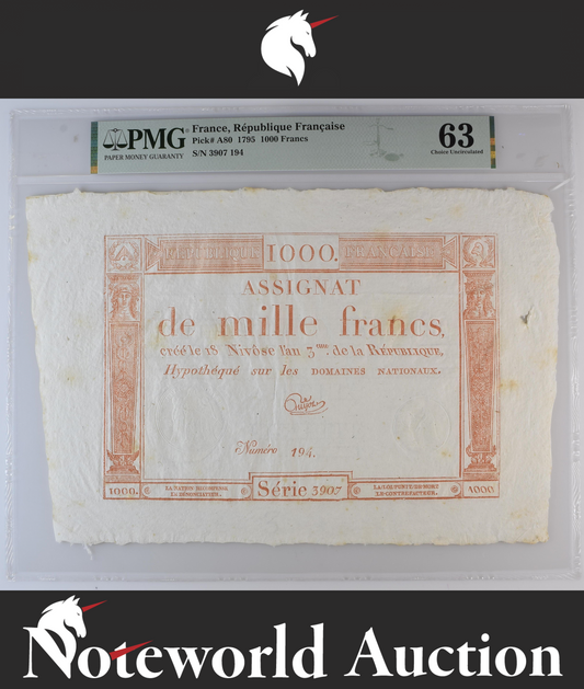 France 1000 Francs 1795 P A80 Small Hole Minor Stains Large Note UNC PMG 63