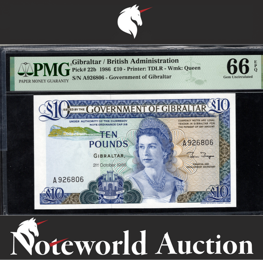 Gibraltar / British Administration £10 1986  P 22b UNC PMG 66 EPQ