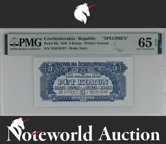 Czechoslovakia SPECIMEN 5 Korun 1944 P 46s UNC PMG 65 EPQ 3rd TOP POP
