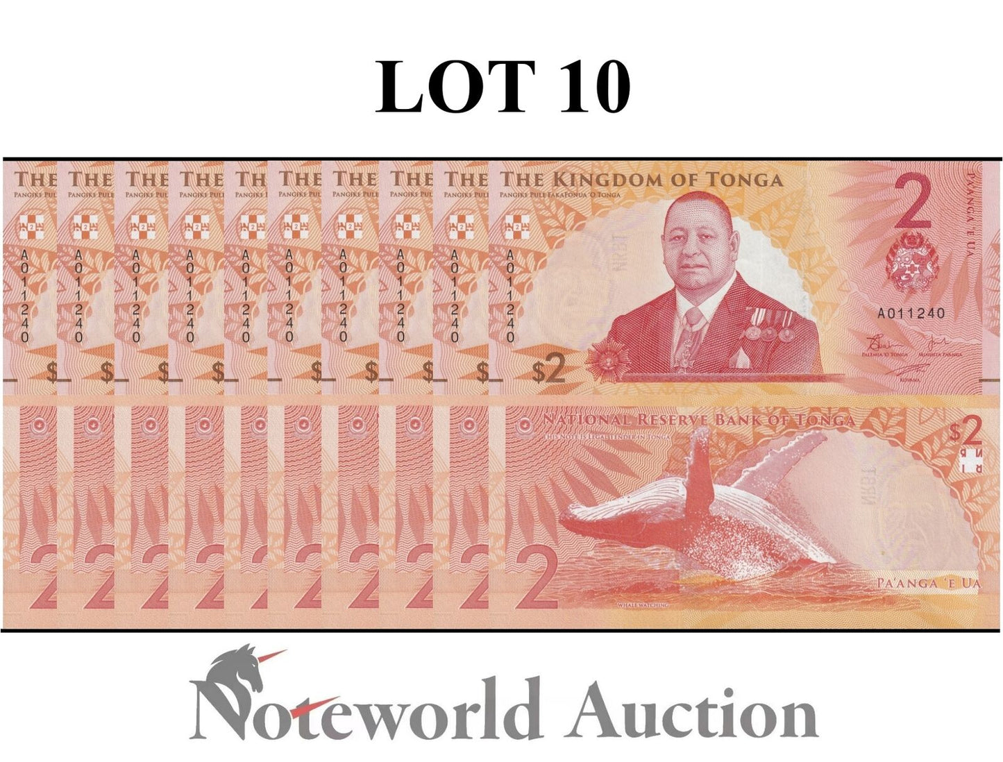 TONGA Lot 10 pcs 1/10 Bundle  - 2 Pa'anga 2024 P 50 UNC