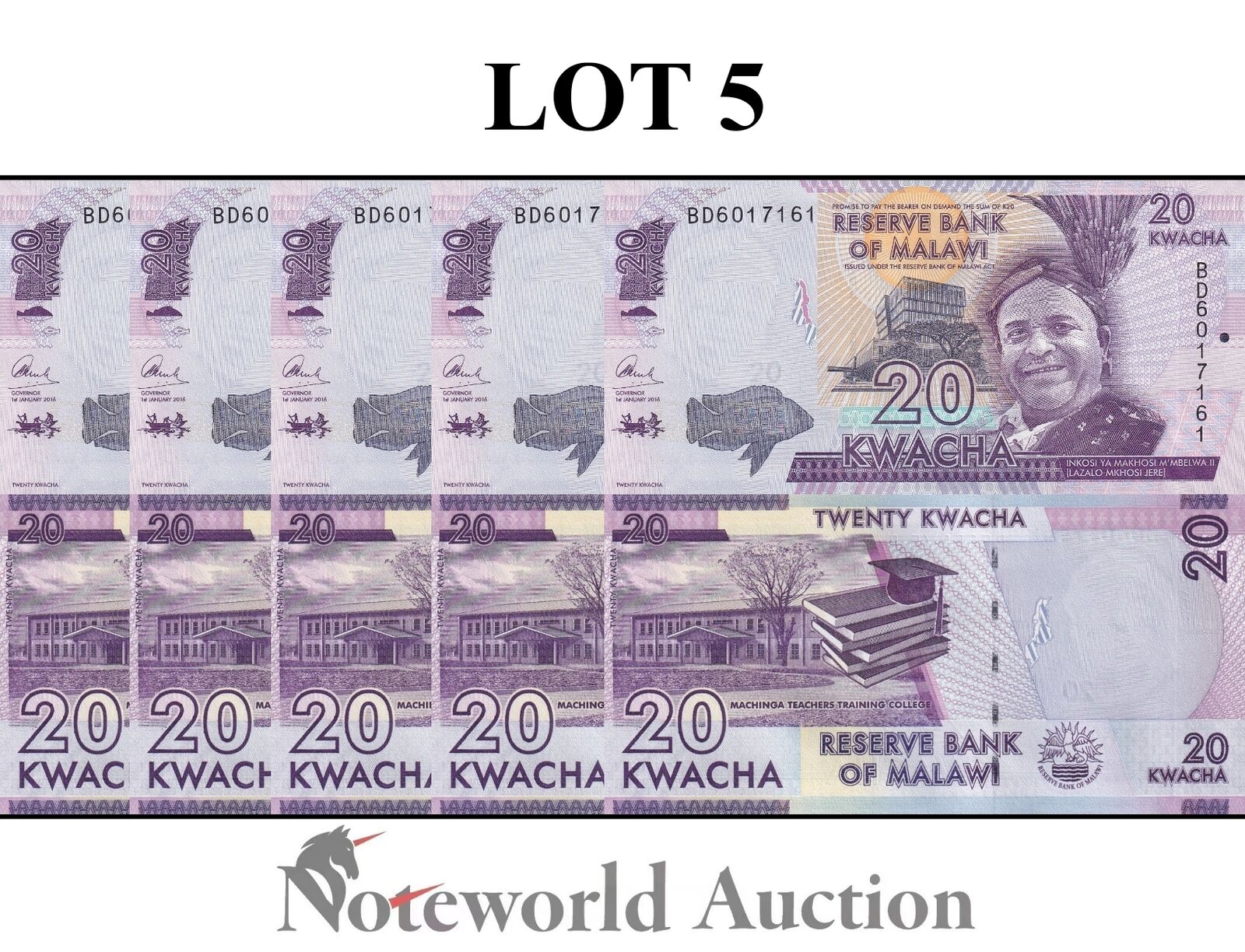 MALAWI Lot 5 pcs 1/20 Bundle - 20 Kwacha 2016 P 63c UNC