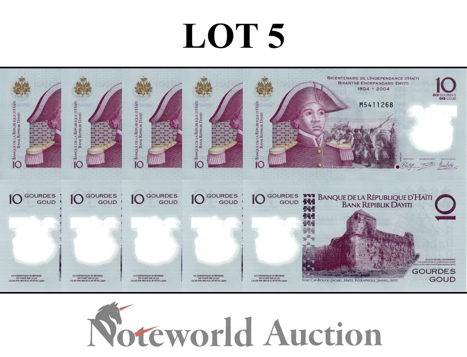 HAITI 10 Gourdes 2013 P 279 Commemorative Polymer Lot 5 pcs 1/20 Bundle UNC