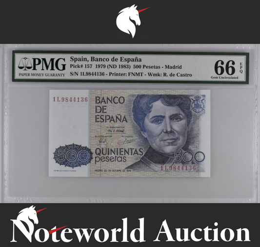 Spain Banco de Espana 500 Pesetas 1979(ND 1983) P 157 UNC PMG 66 EPQ 3rd TOP POP