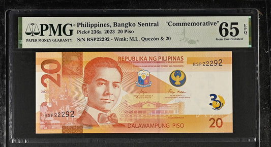 PHILIPPINES Commemorative 20 Piso 2023 P 236a UNC Almost Solid PMG 65 EPQ