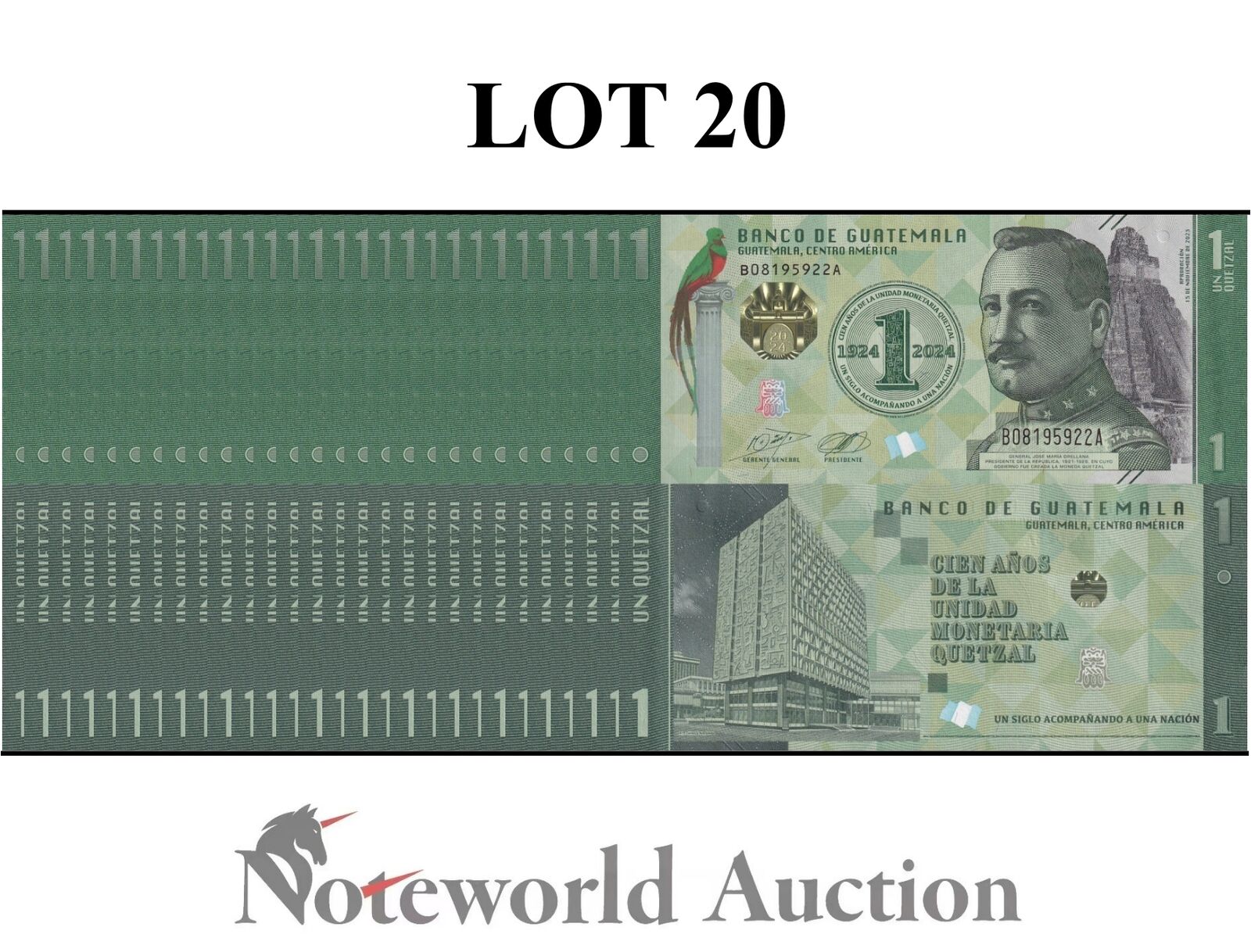 GUATEMALA COMM. Lot 20 pcs 1/5 Bundle - 1 Quetzal 2023 2024 P 129 New Design UNC