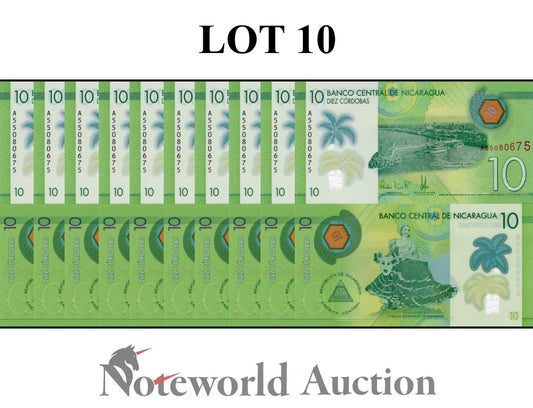 NICARAGUA 10 Cordobas 2019 P 209a Polymer Lot 10 pcs 1/10 Bundle UNC
