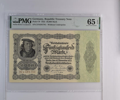 GERMANY REPUBLIC TREASURY 50000 Mark 1922 P 79 UNC PMG 65 EPQ