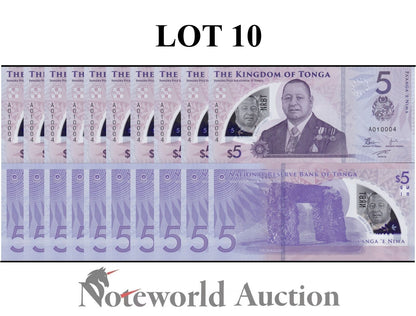 TONGA Lot 10 pcs 1/10 Bundle - 5 Pa'anga ND (2023) P New Polymer UNC