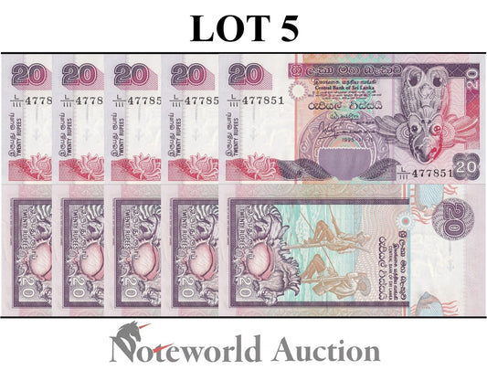 SRI LANKA 20 Rupees 1995 P 109 Lot 5 pcs 1/20 Bundle UNC