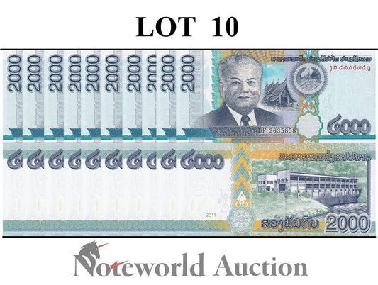 LAOS 2000 Kip 2011 P 41 Lot 10 pcs 1/10 Bundle UNC