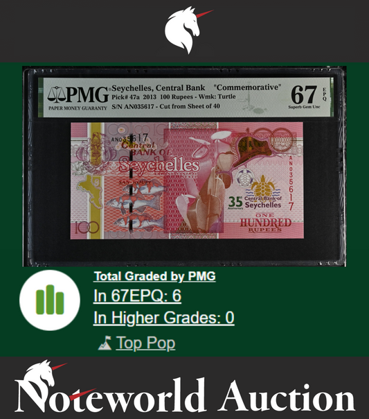 Seychelles Central Bank COMM. 100 Rupees 2013 P 47a UNC PMG 67 EPQ TOP POP
