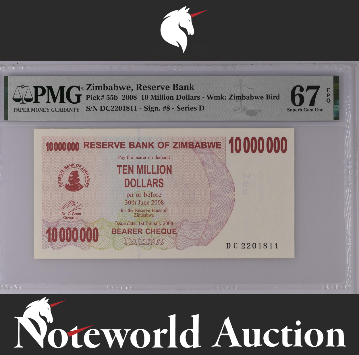 Zimbabwe 10 Million Dollars 2008 P 55b Superb Gem UNC PMG 67 EPQ