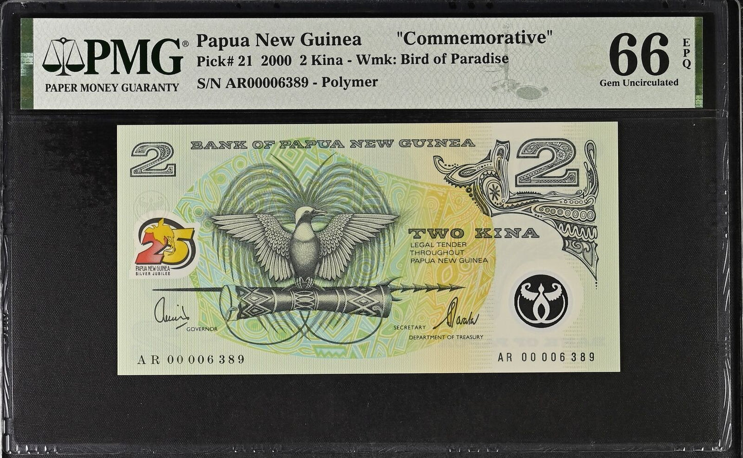 PAPUA NEW GUINEA COMM. 2 2000 P 21 Polymer Fancy LOW S/N.00006389 PMG 66 EPQ