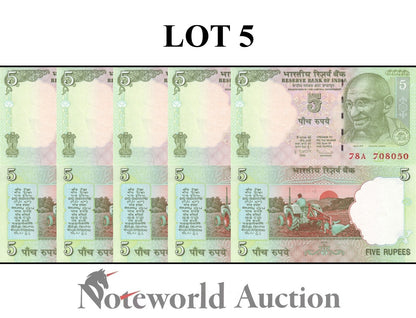 INDIA 5 Rupees 2009 P 94Aa MINOR FOXING Lot 5 pcs 1/20 Bundle UNC