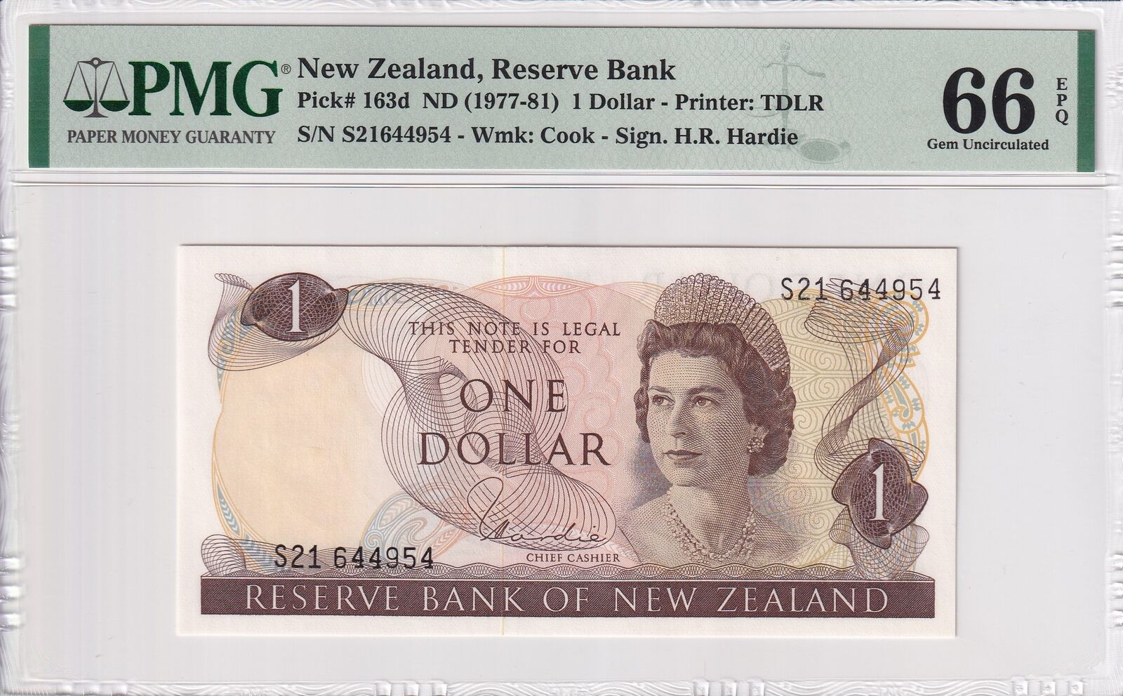 NEW ZEALAND 1 Dollar 1977-81 P 163d UNC PMG 66 EPQ