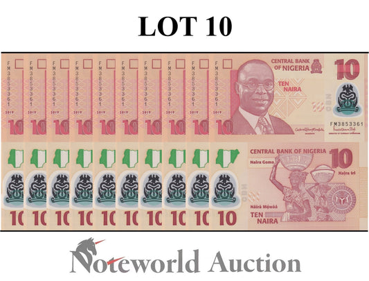 NIGERIA 10 Naira 2019 P 39 Polymer Lot 10 pcs 1/10 Bundle UNC