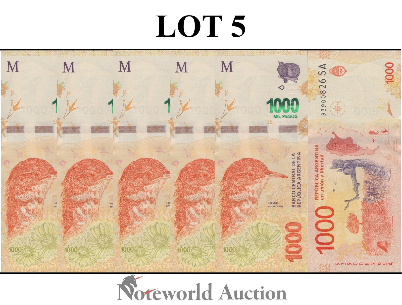 ARGENTINA 1000 Pesos ND 2017 P 366 Lot 5 pcs 1/20 Bundle UNC