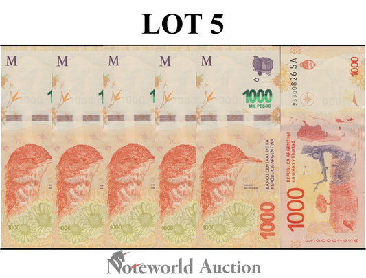 ARGENTINA 1000 Pesos ND 2017 P 366 Lot 5 pcs 1/20 Bundle UNC