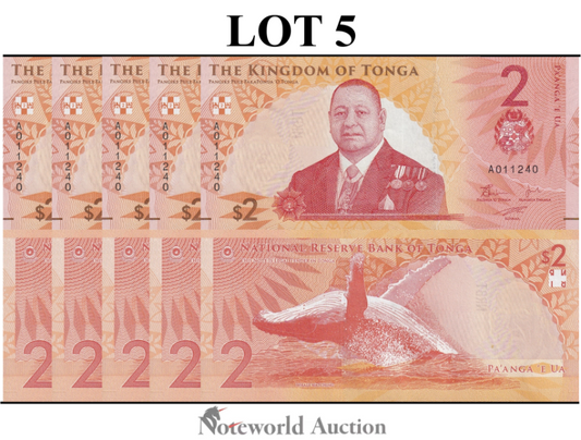 TONGA 2 Pa'anga 2024 P 50 Lot 5 pcs 1/20 Bundle UNC