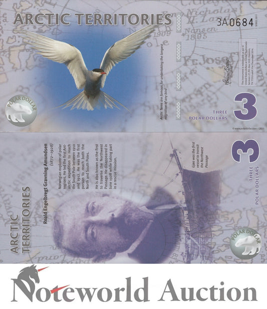 ARCTIC TERRITORIES TEST NOTE 3 Dollars 2011 Polymer Series 3A Polar Bird UNC